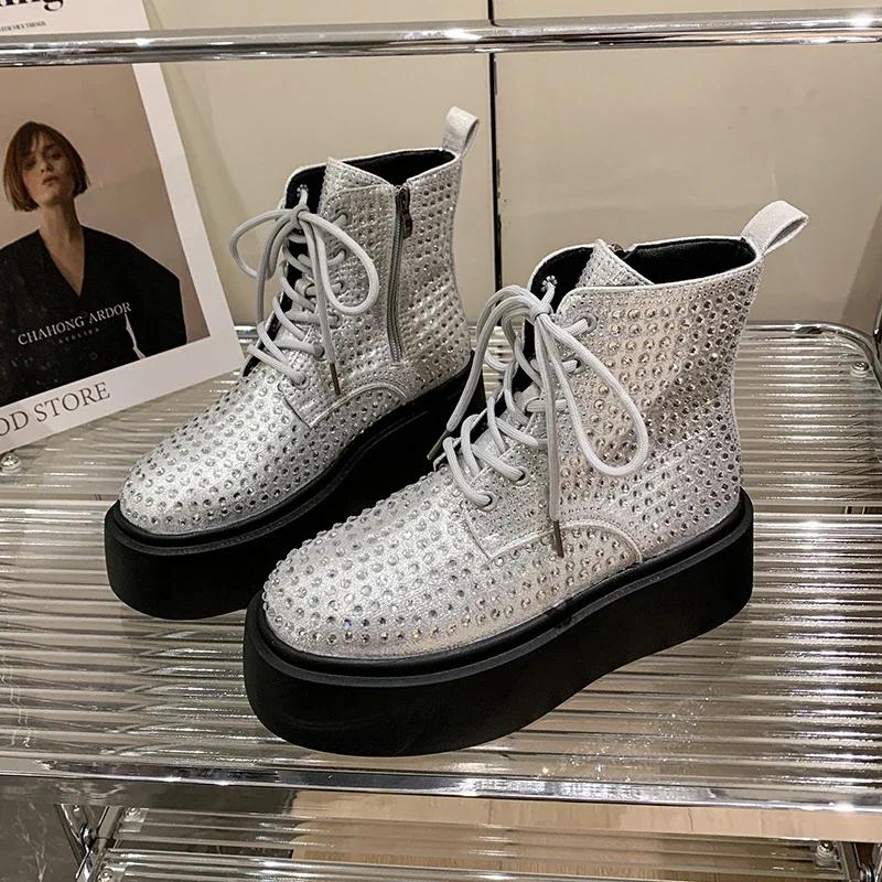 Móda Luxusní Křišťálové Platformové Kotníkové Boty Ploché Dámské Boty Zimní Tenisky 2025 Trend Designér Nové Chelsea Boty Elegantní Botas Mujer