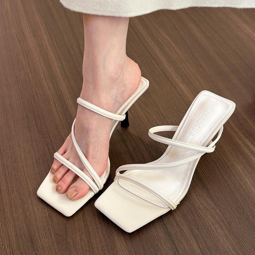 Fransk premium! Beige ettords stroppesandaler dame vår og sommer firkantet tå stiletthæler