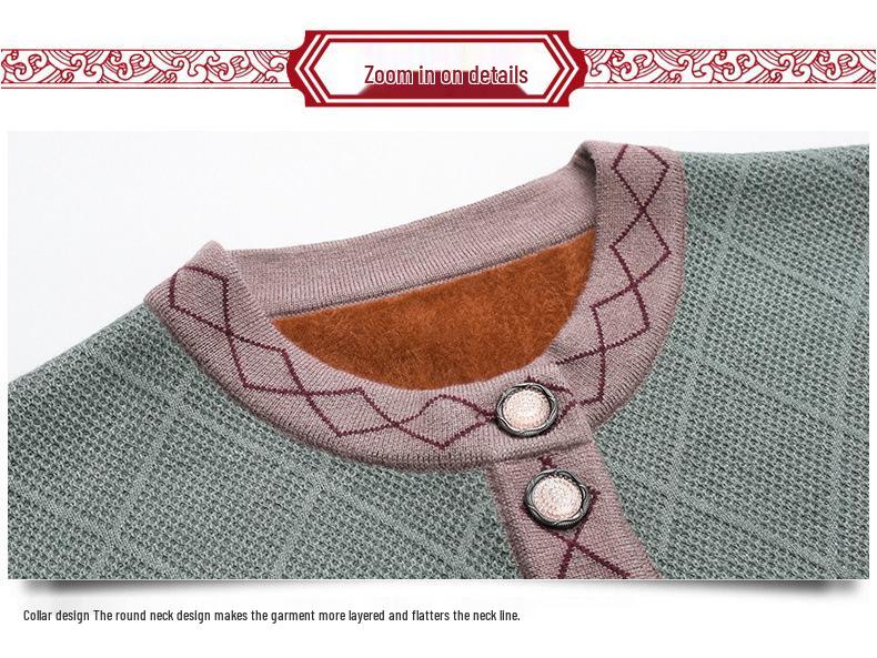 Women's Fleece-Lined Knitted Cardigan for Autumn/Winter - Ideal for Middle-Aged and Elderly.