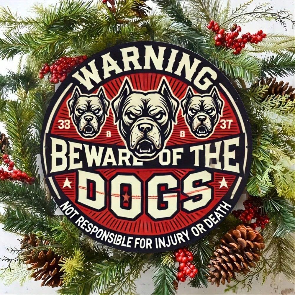 Metal Wall Art, Beware Of Dog Sign with Reflector, Outdoor Warning Tin Poster
