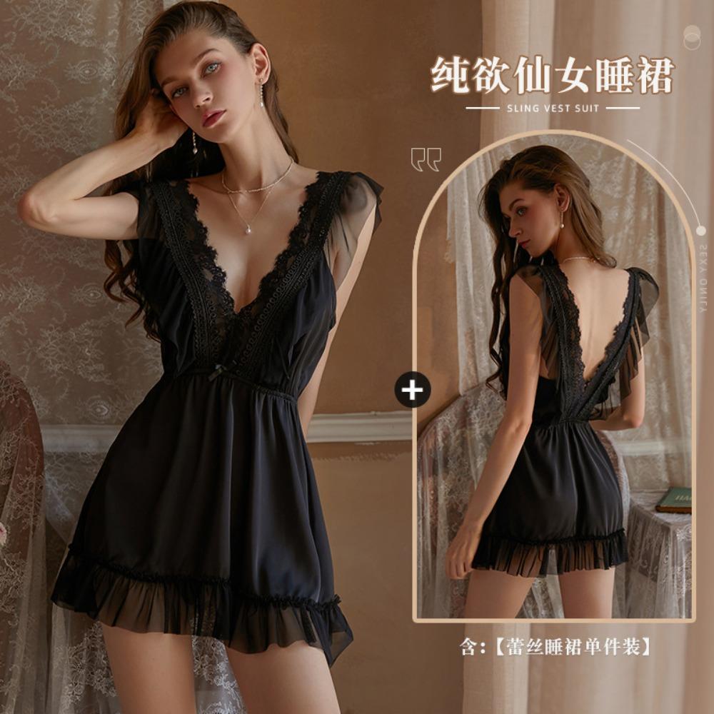 Xianyi Autumn and Winter Sexy Underwear Lace Princess Style Pajamas Women's Deep V Backless Satin Pajamas Loungewear Set 432