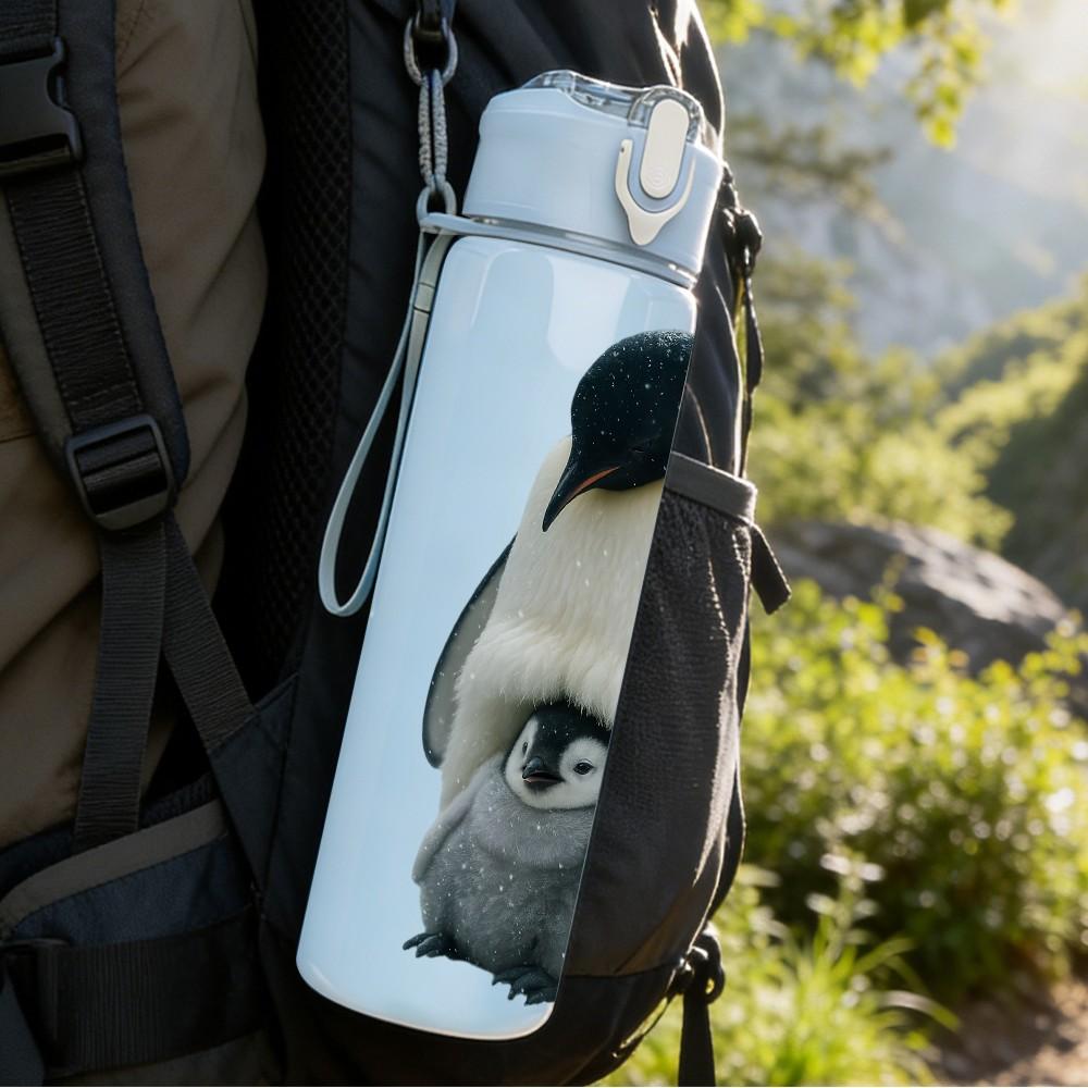 1PC Single Penguin Antarctic Animal Print 750ml Color Plastic Sports Water Bottle Leakproof Flip Straw Lid Suitable for Sports Office Home Use