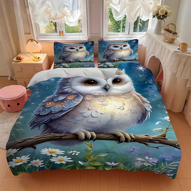 3pcs Anime Owl Comforter Set with Two Pillowcases (No Core), Home Decor, Festival Gift, Polyester Fabric