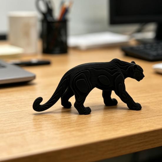 3D Printed Black Panther Figurine, Matte Black Texture Geometric Desktop Decoration, Layered Panther Sculpture Home Office Decor Gift