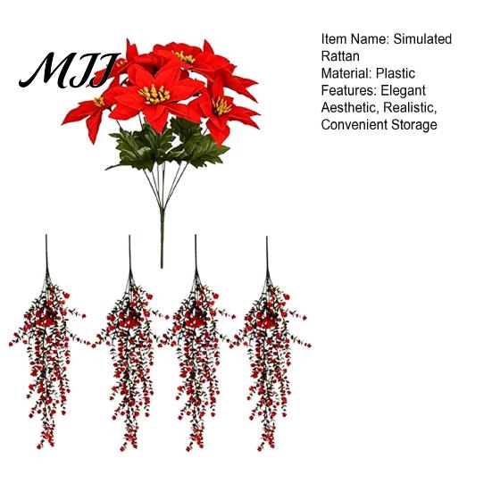 Pendant Bouquet for Window Christmas Poinsettia Hanging Garland, Artificial Silk Flowers with Red Berries Festive Balcony Ornament And Greenery, 85cm