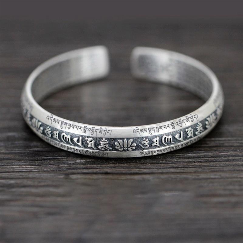 Engraved Open Cuff Bracelet with Vintage Script Detail and Floral Accent, Silver Tone Bangle for Festive Styling and Everyday Wear Use