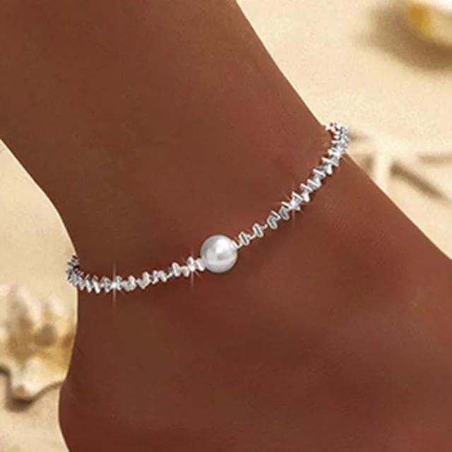Funkelnde dünne Kette Fußkettchen für Frauen Zirkon Herz Kreuz Anhänger Doppelschicht Armband am Bein Fuß Trendy Sommer Strand Schmuck