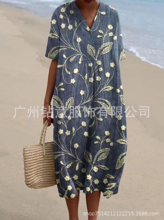 New Loose Casual Comfortable V-neck Digital Printing Pleated Large Version Dress