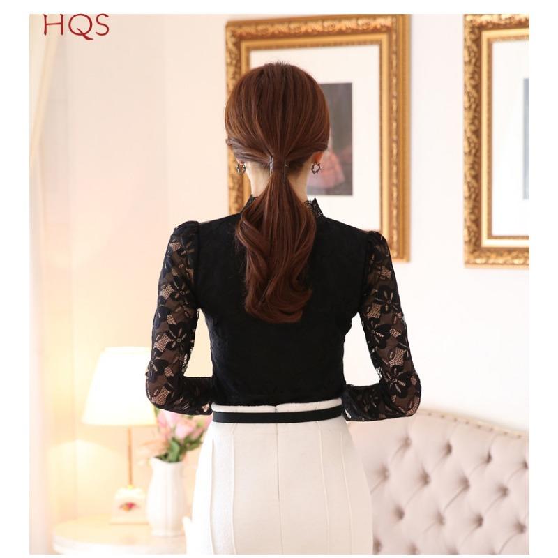 Lace Tops for Women Long Sleeve Fall Winter High Neck Mesh Blouse Slim Fit Hollow Out Casual Shirt