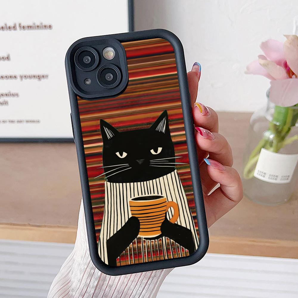 

Cute Coffee Cat Thicken TPU Mobile Phone Case for iPhone 17 16 15 14 13 12 11 Air Pro Max Plus Colorful Cover iPhone 16 Plus