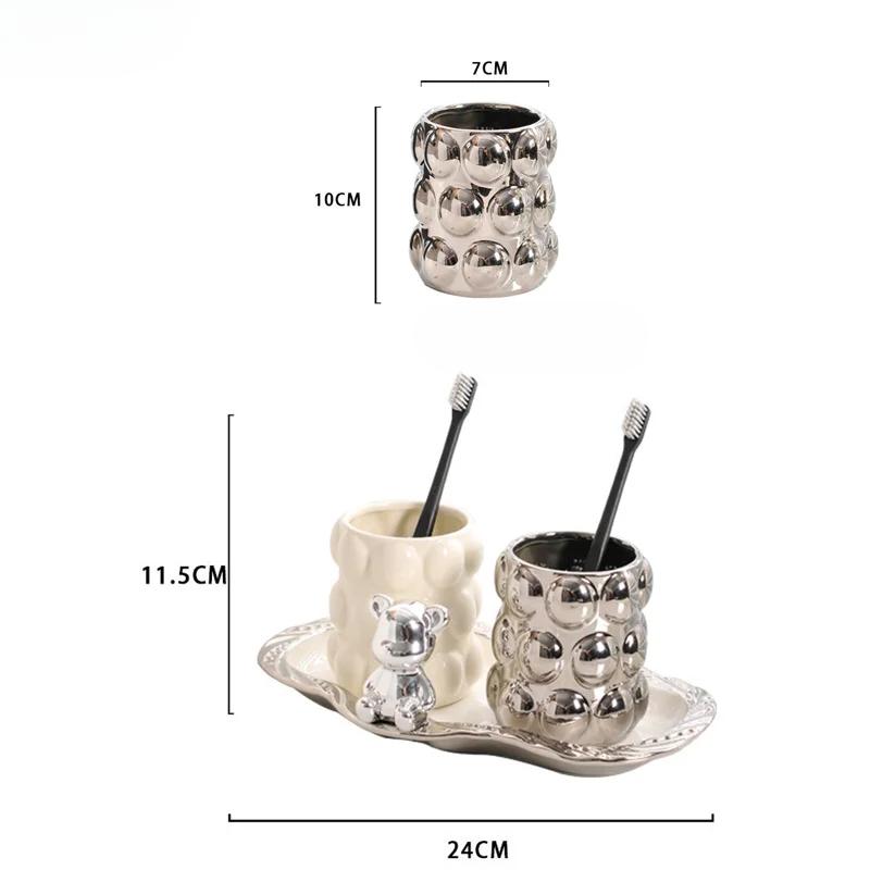 Ceramic Mouthwash Cup Set Brushing Cup Couple Wash Cup Bathroom Supplies Toiletries Bathroom Tumblers Toothbrush Cup Bear Tray