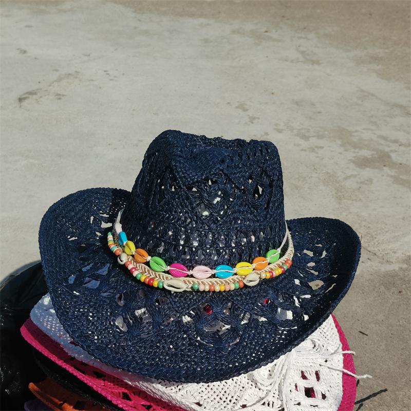 

solid Cowboy Straw hat for women Fashion seashell straw cowboy hat beach summer cowboy Sunshade Jazz Hat sombrero vaquero hombre 56-58