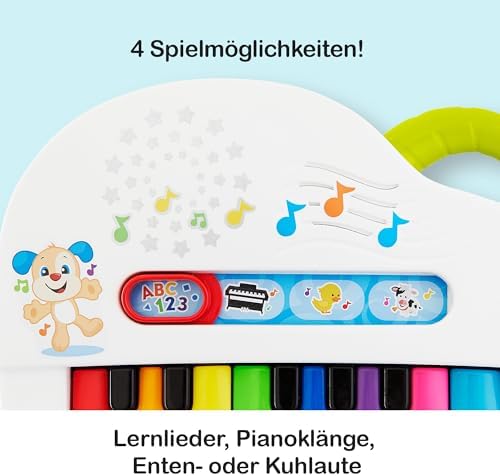 FISHER-PRICE Tastiera del Primo Bambino - Giocattolo Pianoforte Portatile con 4 Modalità di Gioco, Canzoni, Luci e Suoni, Giocattolo per l'Apprendimento della Lingua Tedesca per Neonati dai 6 Mesi in su