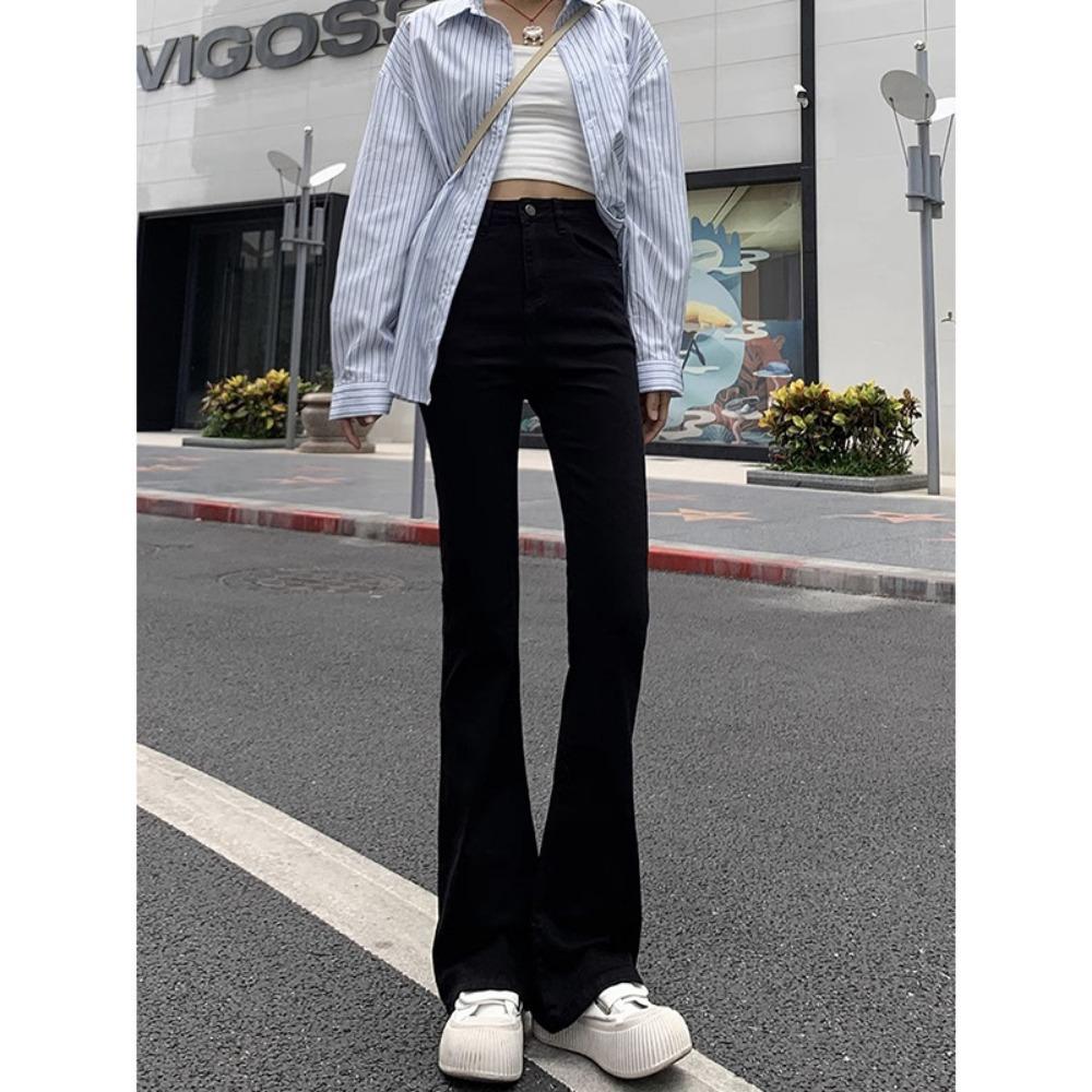 Micro-pull jeans women's spring and autumn new high-waisted and thin horseshoe pants small high-flared jeans