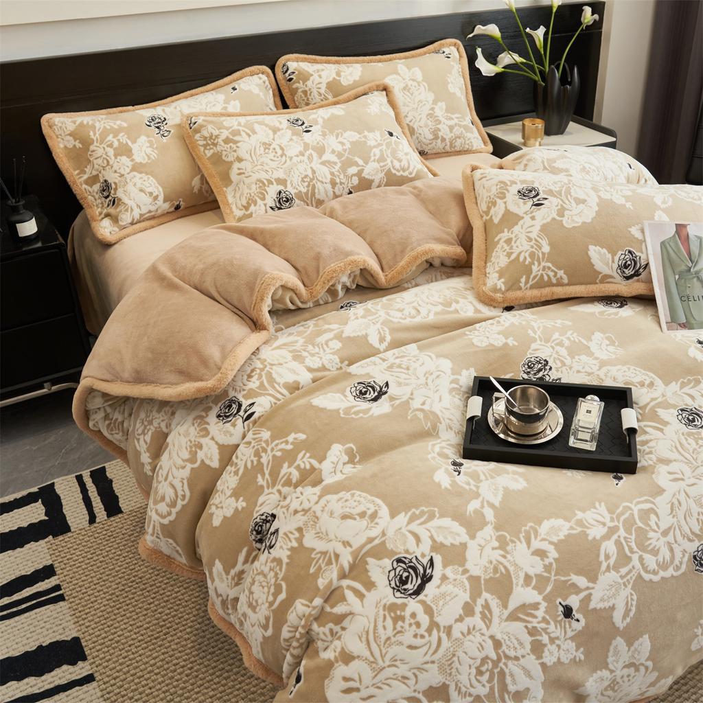 Maternal And Infant Grade Thickened Milk Fleece Four-Piece Set Antistatic Warm Fleece Set Warm Carved Fleece Quilt Cover Bedding