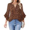 Women Leopard Print Blouse V Neck Bell Sleeve Casual Button Down Shirt