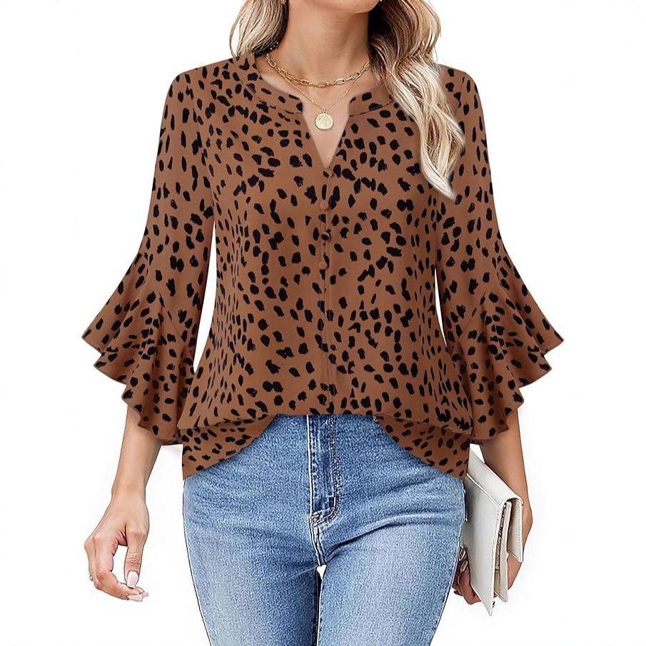 Women Leopard Print Blouse V Neck Bell Sleeve Casual Button Down Shirt S коричневый