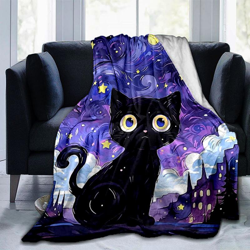 1pc Night Sky Black Cat Blanket Soft Throw for Home Decor, Gift Idea, Seasonal Use, Living Room, Travel, Camping, Car Blankets