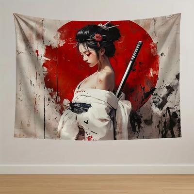 Japanese Sword Woman Tapestry, White Kimono Red Floral Design Wall Hanging for Living Room Home Decor Accessories