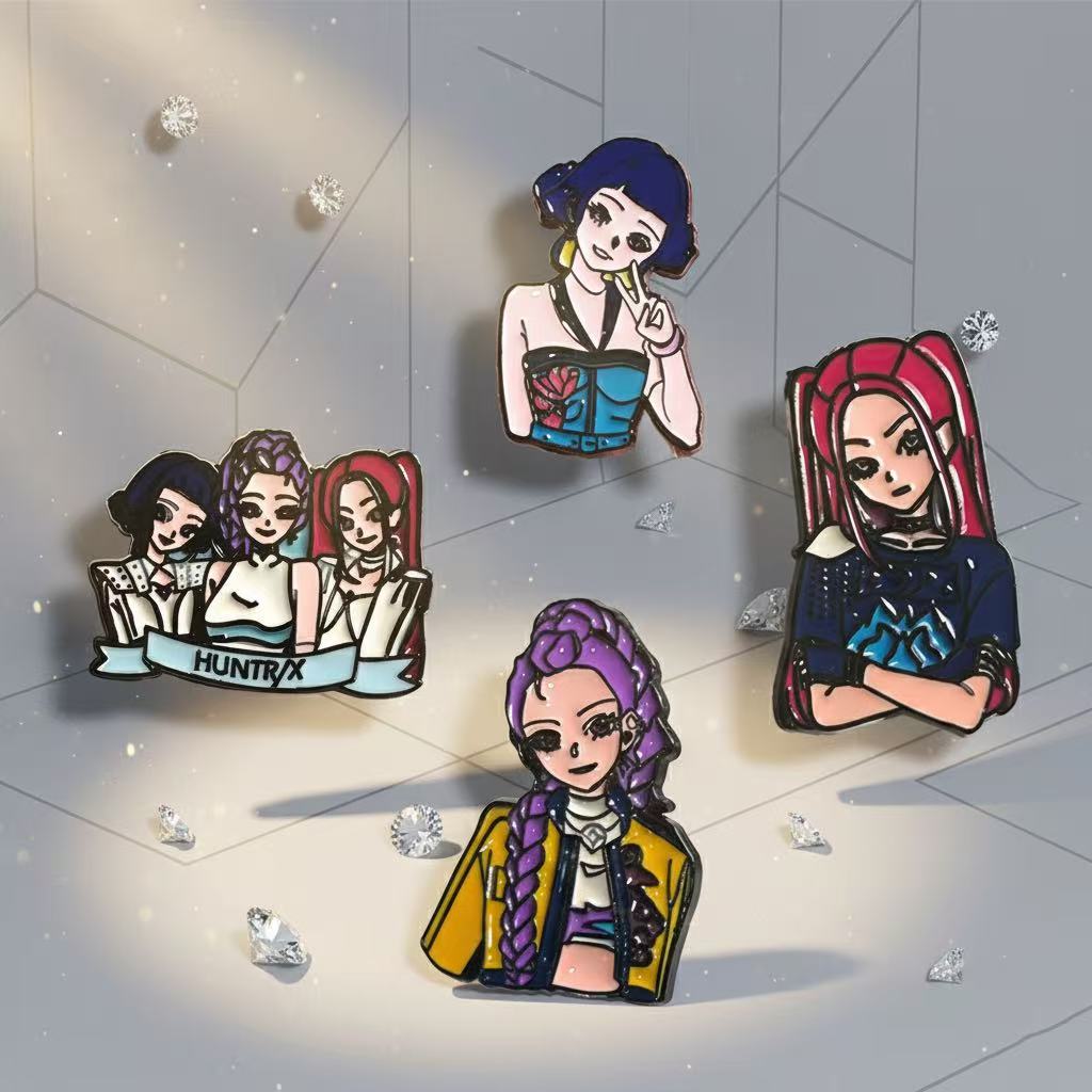 4 Stück KPOP Dämonenjäger Emaille-Anstecker Saja Boys Jinu Elster Cartoon-Charakter Metall-Broschen Abzeichen Schmuck Geschenke für Anime-Fans