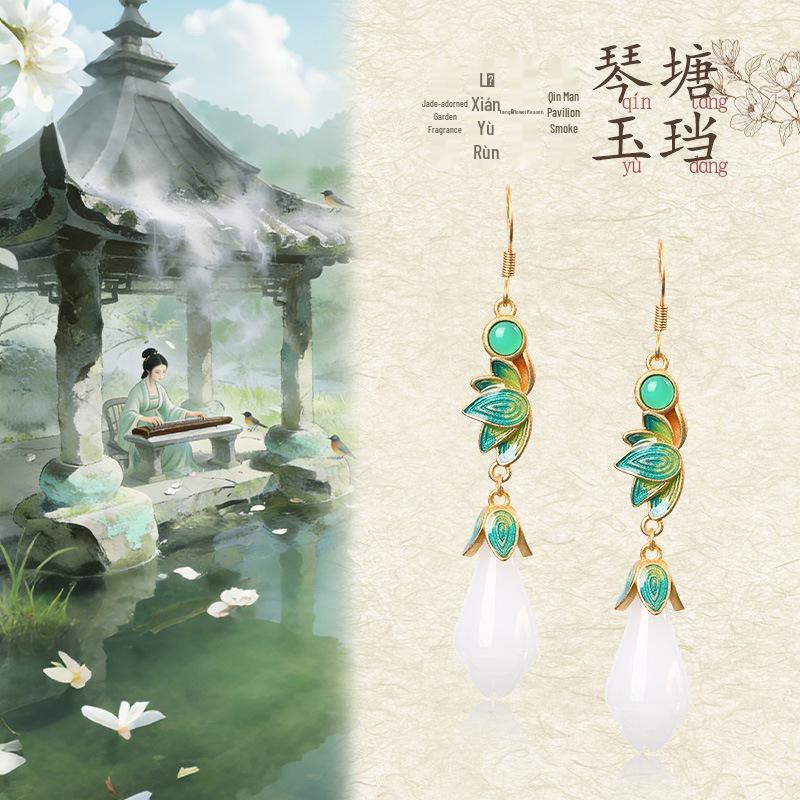 Retro Chinese-Style White Magnolia Enamel Dangle Earrings in 925 Sterling Silver.