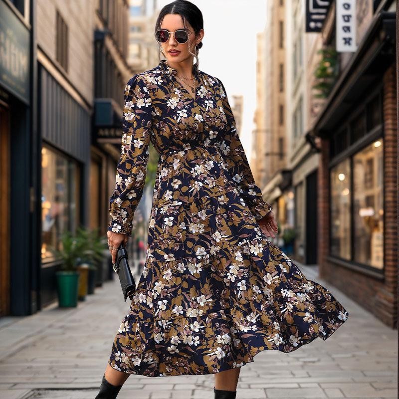 Europe, America 2026 autumn floral temperament commuter dress retro printed women s dress V-neck fashion dress S