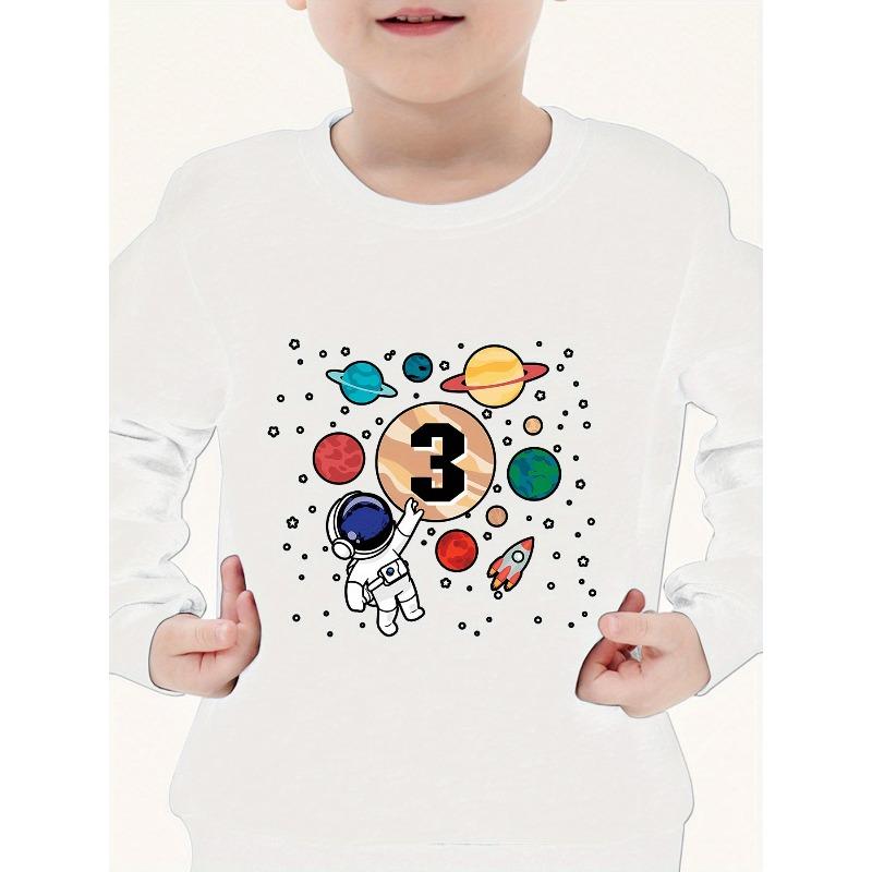 European sizes Kids' 3 Birthday Planet Style Astronaut Print Pattern Fleece Warm Top Fashion Print Pattern Wear Casual Long Sleeve