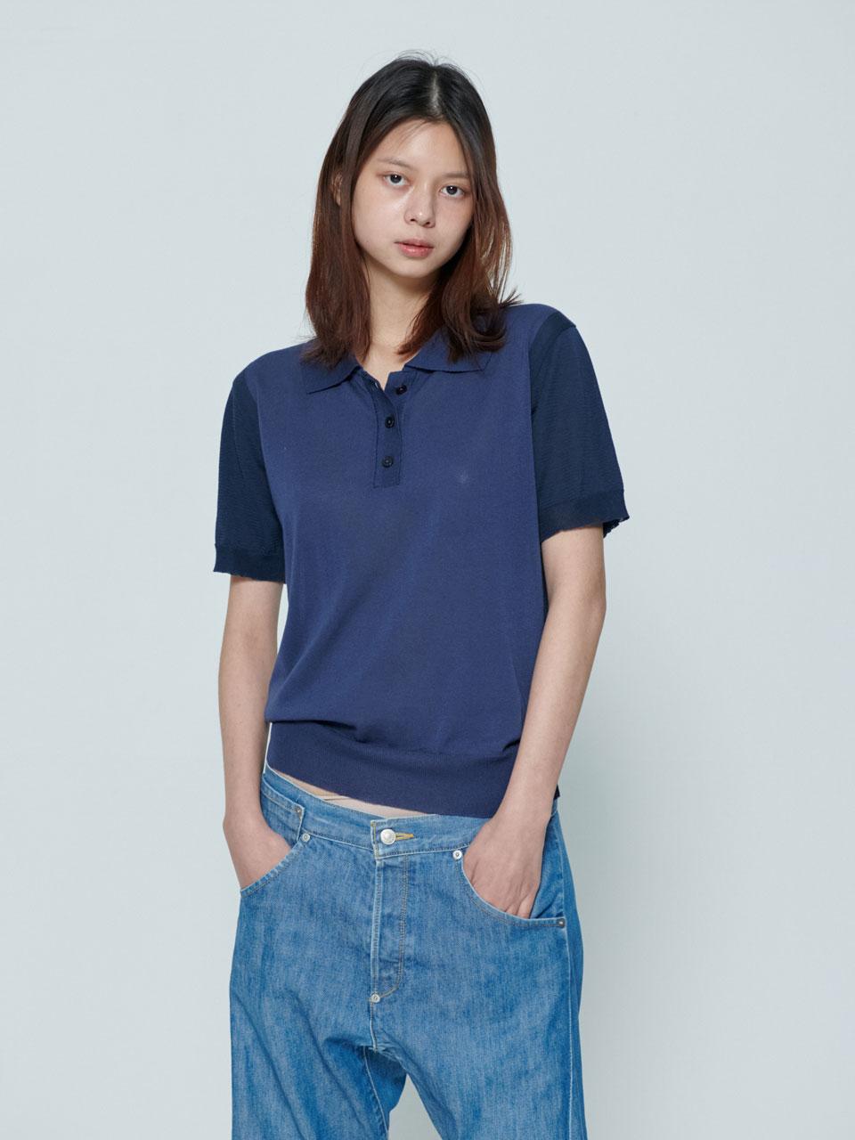 Enzo Blues Sheer Pique Collar Knit (Navy) F