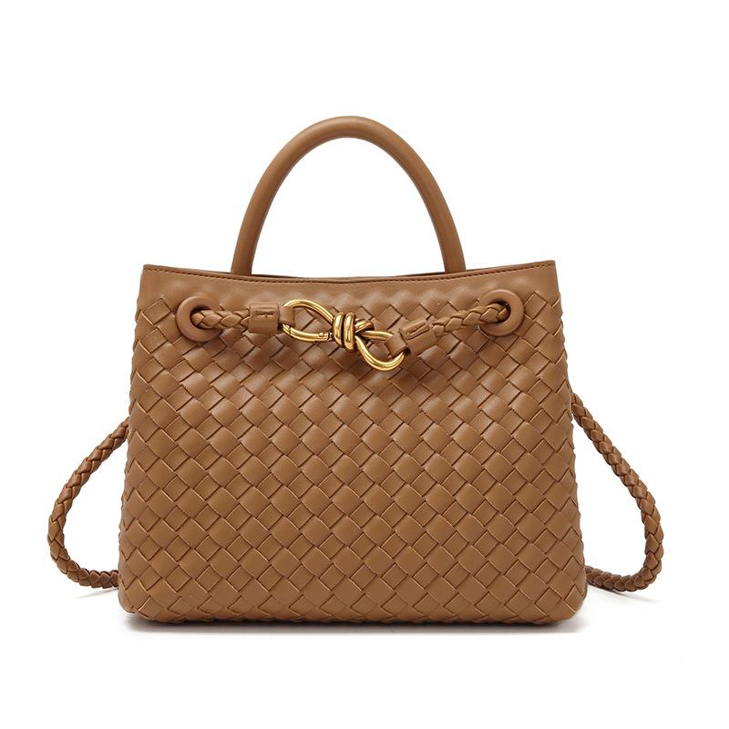 Niszowy Design Nowa Metalowa Klamra z Lina Pleciona Torba Tote na Ramię Przenośna Torba Messenger Retro Pasująca do Wszystkiego Prosta Torba Damska 25cm*9cm*19cm khaki