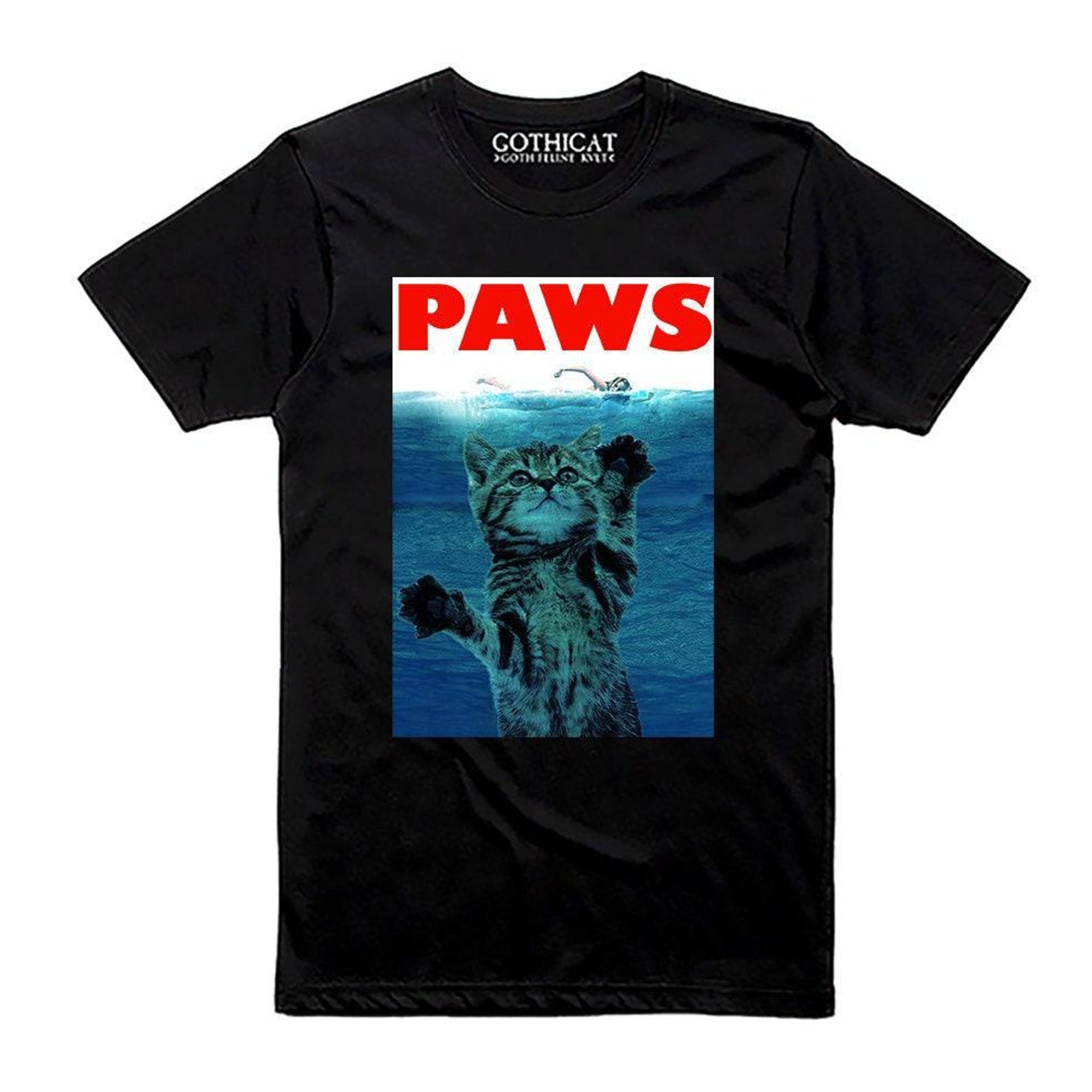 Paws Jaws Cat Fun T shirt Funshirt Funny Kitten Kitty Katze Weiße Hai Top Tee Man Woman cat lover Gothicat 3XL