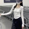 Simple square collar leaking collarbone top women's spring new card waist pleated small long-sleeved T-shirt bottoming shirt
