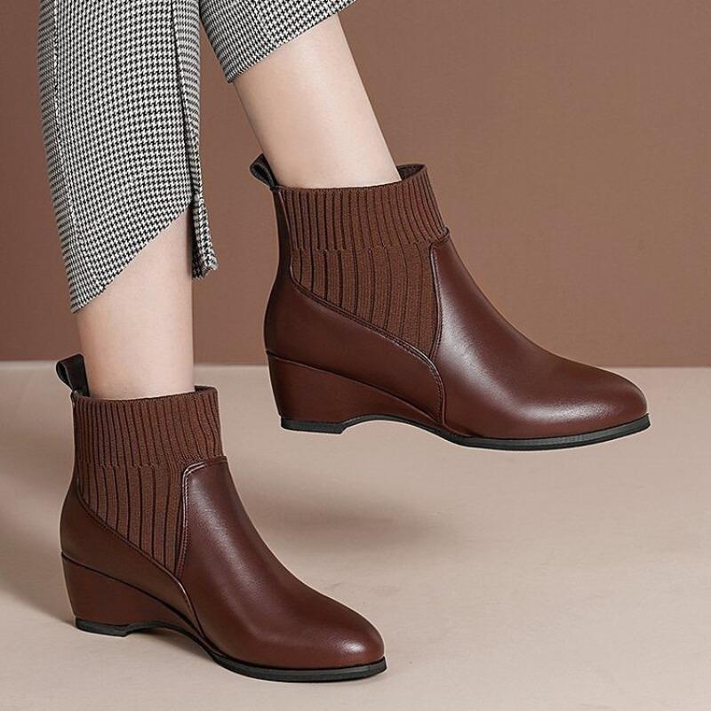 Winter velvet wedge heel round head soft leather short boots women's new short boots medium heel one pedal wool short women's boots
