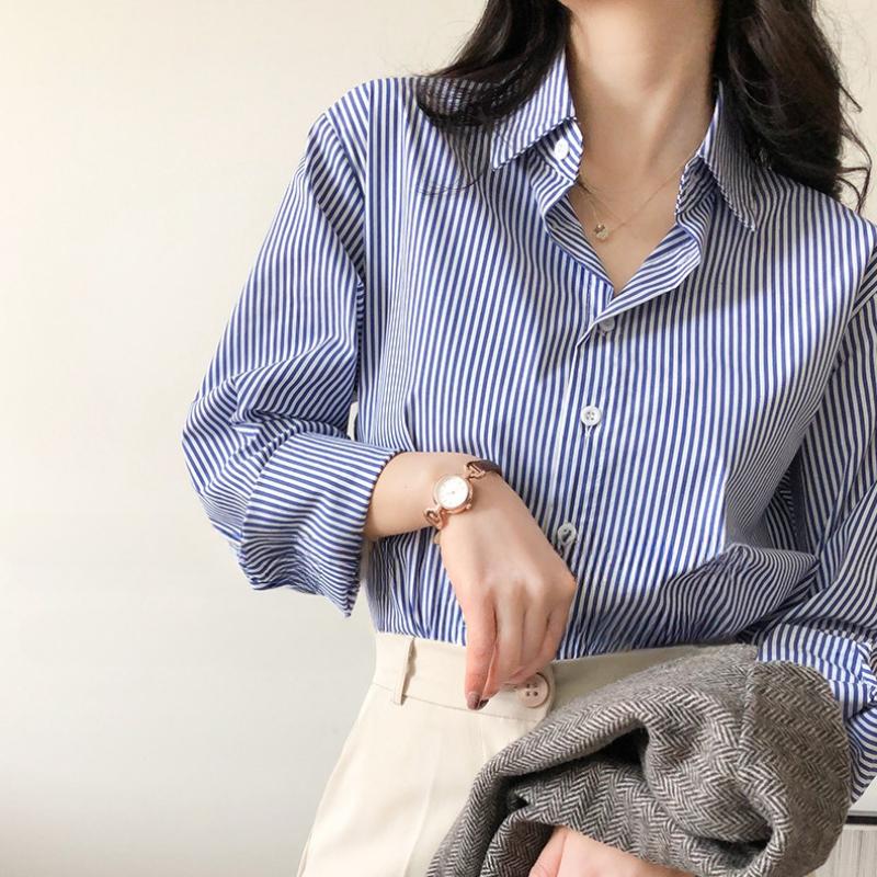 Fashion New Long Sleeve Blue Striped Shirts Women Summer Simple Elegant Loose Women's Blouses Office Lady Tops Button Up Shirt Female Clothing 26134