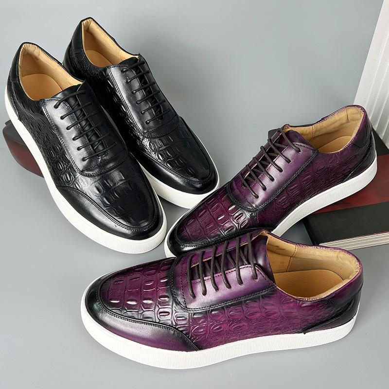 Newest 2024 Autumn Men Genuine Leather Casual Sneakers Lace Up Handmade Crocodile Design Men Daily Leather Footwear Purple