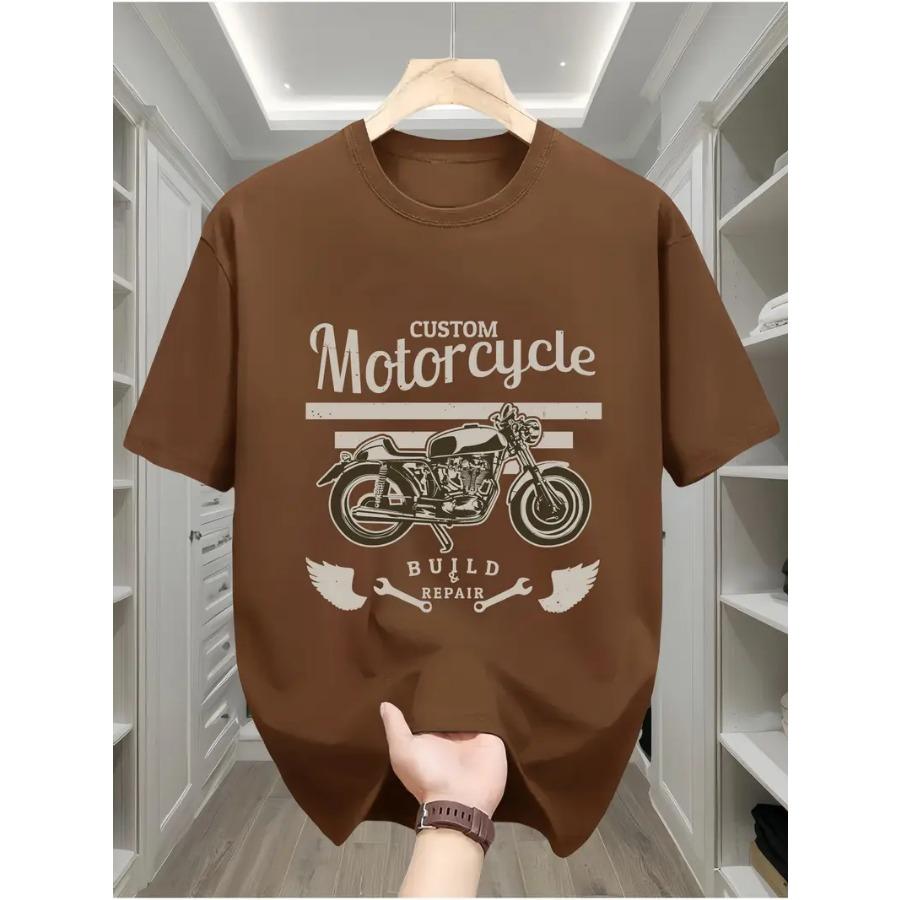 Men's T-Shirt, Casual Crew Neck Tee with Motorcycle Graphic, Geometric Pattern, Short Sleeve Knit Fabric Tops