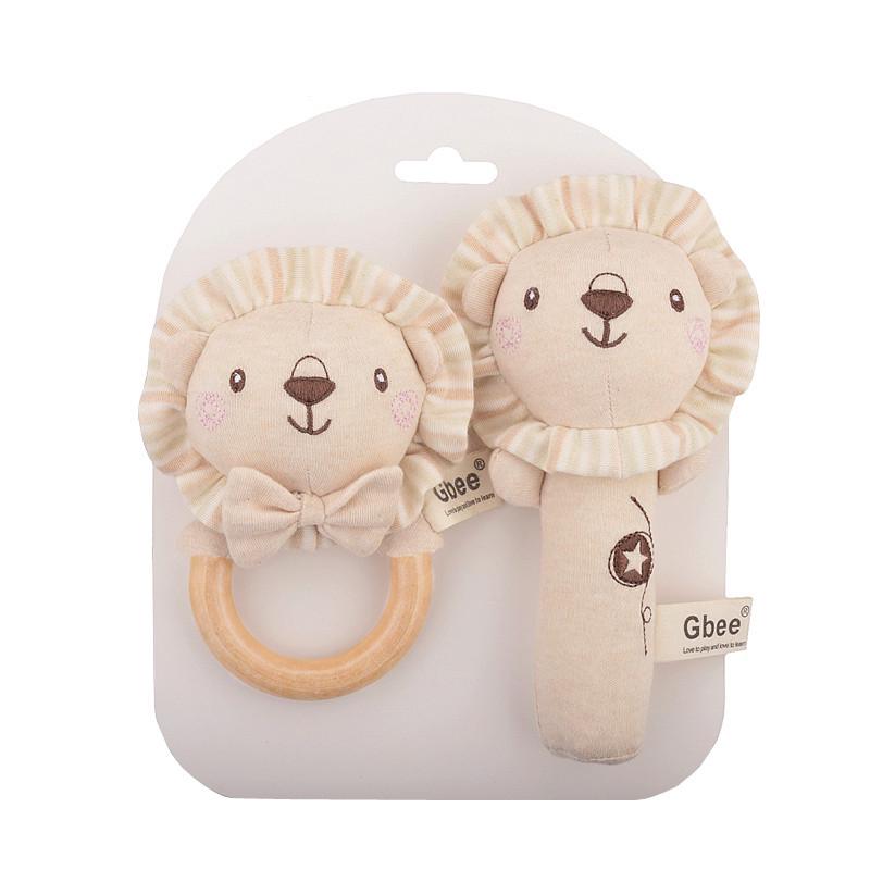 Organic Cotton Wooden Animal Ring Rattle & Baby Comfort Doll Gift Set