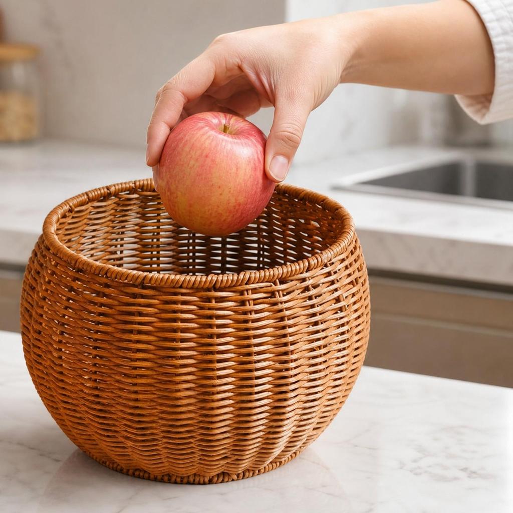 Tea-Brown Woven Organizer Tabletop Round Belly-Shaped Basket Rustic