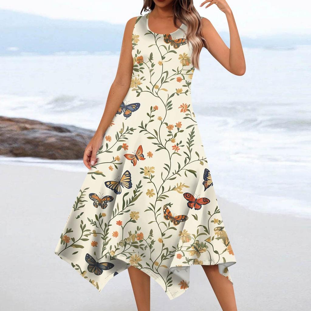 Women's Casual Fashion Round Neck Sleeveless Floral Print Irregular Hem Midi Dress