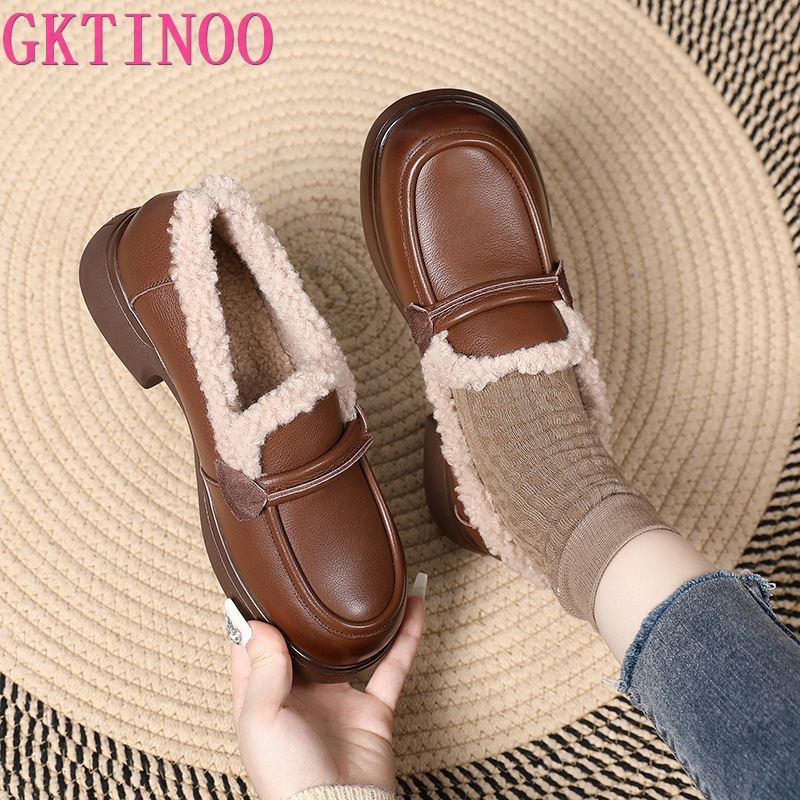 Fashion GKTINOO Women Loafers Genuine Leather with Warm Plush Shoes Square Heels Classic Fashion Winter Leather Shoes Women Big size 42