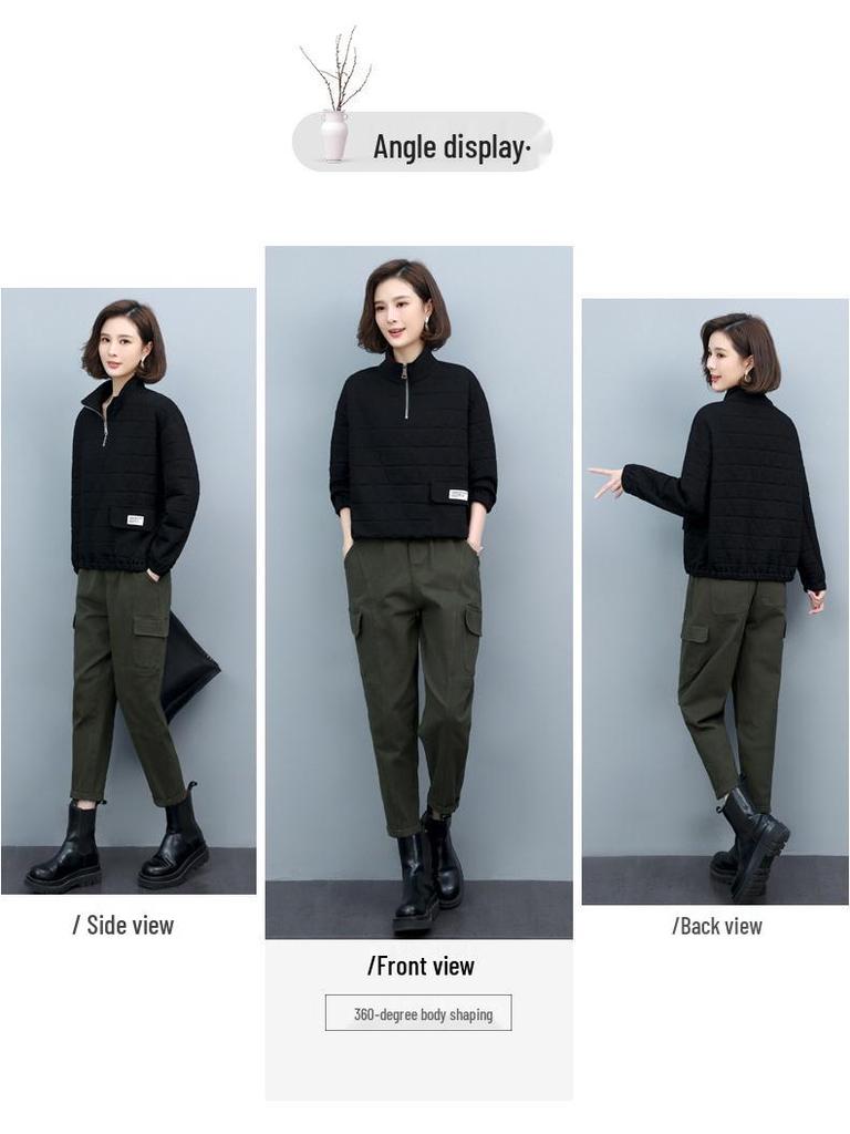 Women's Quilted High Neck Zipper Pullover Sweater - 2024 Autumn/Winter Collection, Petite Fit, No Hood
