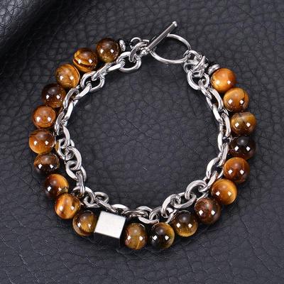 "Doppellagiges schwarzes Magnetarmband aus Edelstahl für Herren mit 8 mm großen Tigerauge-Steinen"