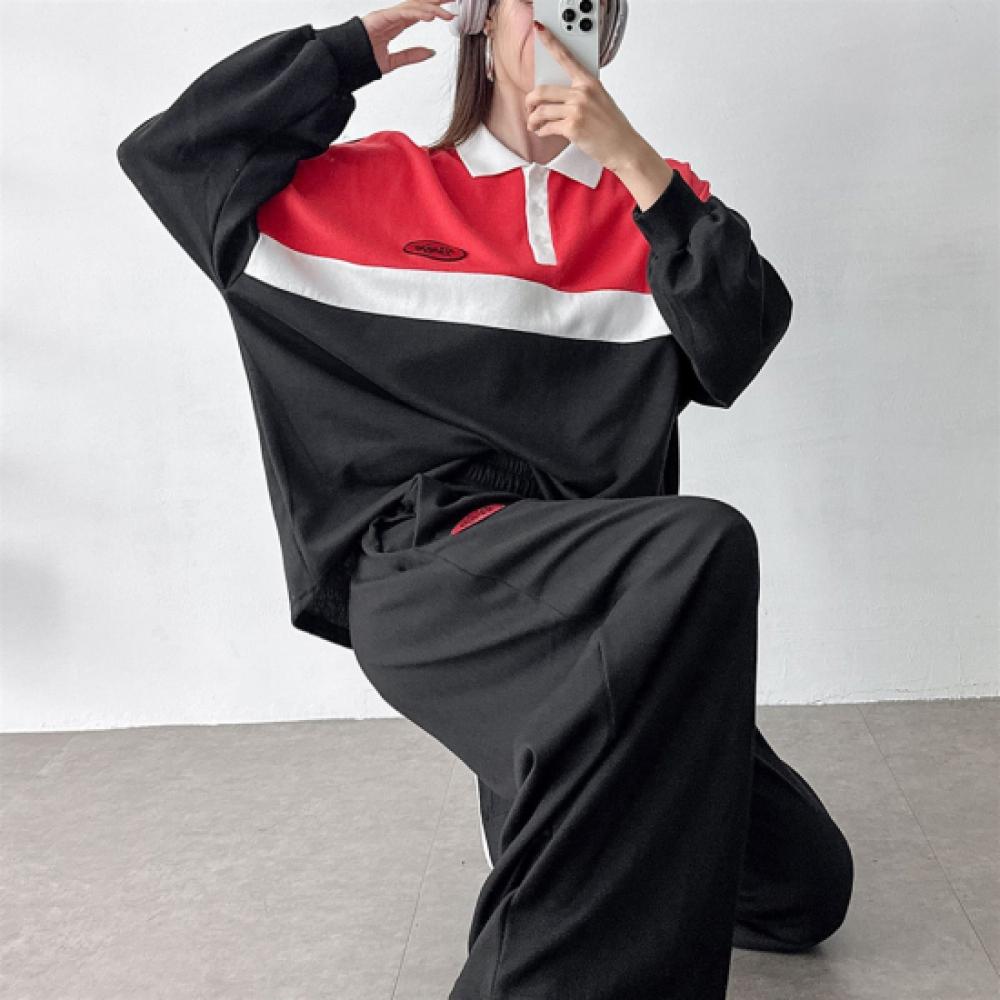 New Arrivals Open Run Women Color Block Long Sleeve Polo Shirt Wide Pants Set