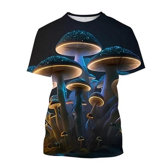 Neutrales T-Shirt mit 3D-Pilzdruck, Pflanzenmuster, Rundhalsausschnitt, kurzärmlig, Waldmode, lässiges Oberteil, hochwertige Kleidung, 6XL