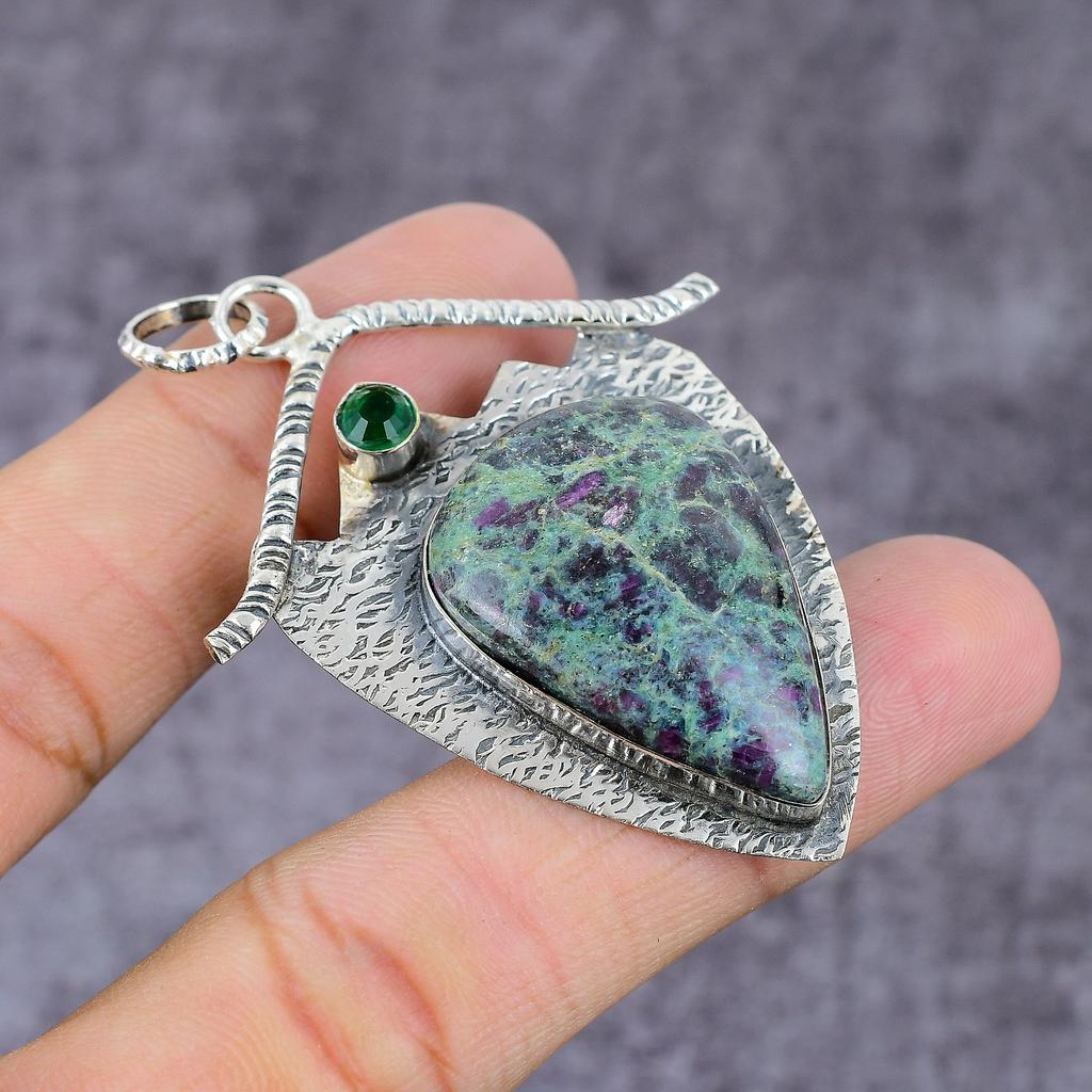 Ruby in Fuchsite, Diopside  Ethnic 925 Silver Gift Pendant 2.27" H5T92