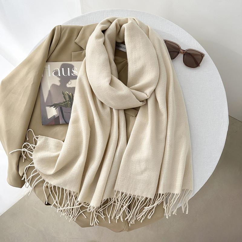 Scarf autumn and winter atmosphere solid color imitation cashmere women's temperament literary niche soft waxy warm fringed scarf shawl