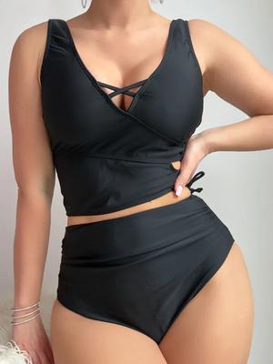 2025 Sexy Solid Strapped Swimwear Women Cross Push Up Tankini Brazilian Lady Swimsuit High Waist Hollow Bath Suit