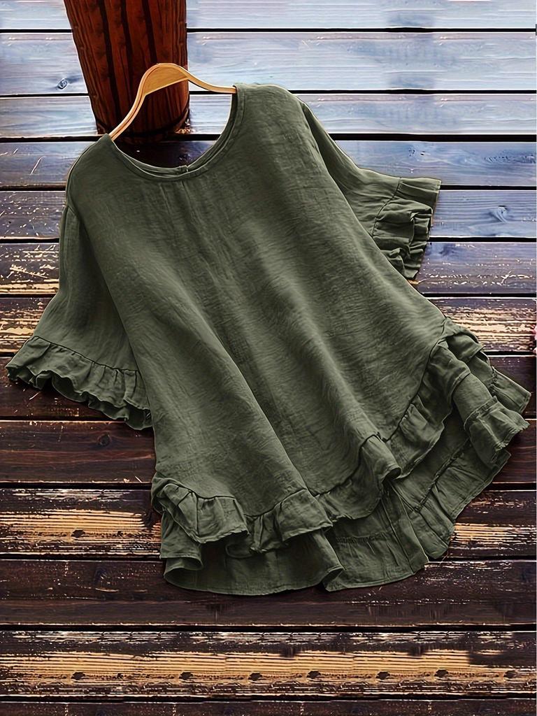 2024 Solid Color Ruffle Round Neck Short Sleeve Button Women's Shirt
