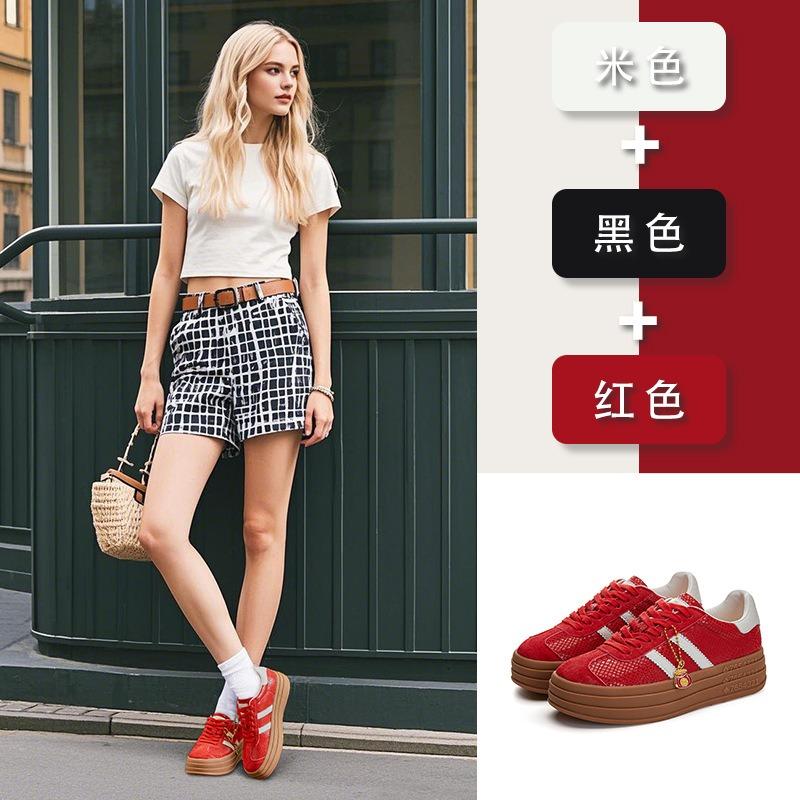 Leather women's spring and summer new platform mesh sports board shoes versatile retro red women