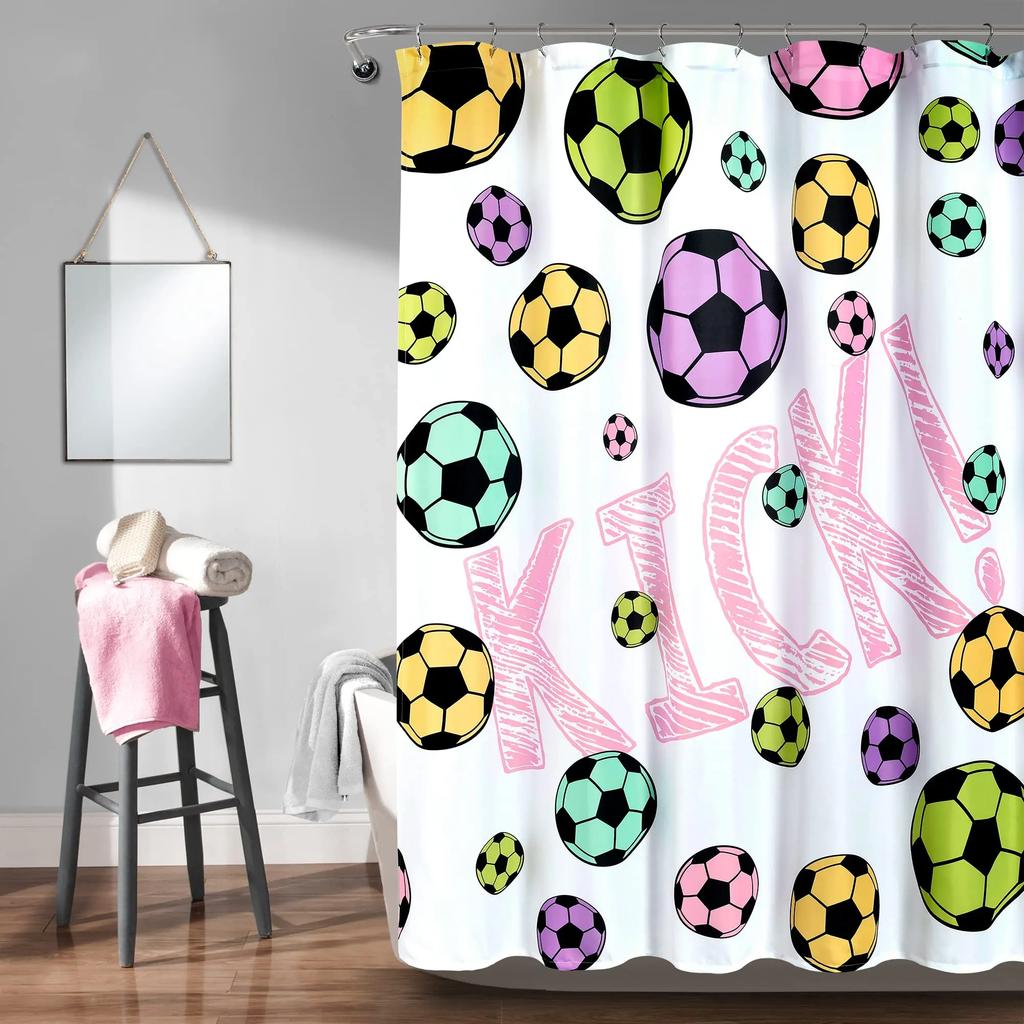 Abstract Football Pattern Shower Curtain Sport Theme Soccer Black and White Colors Waterproof Polyester Bath Curtain with Hooks