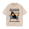 Vintage Washed Beige Tshirt I'm Not Antisocial Black Cat Reading Print Loose Short Sleeve Funny Casual Tee Asian Size